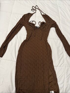 Fashion Nova Brown Long-Sleeve Halter Midi Dress